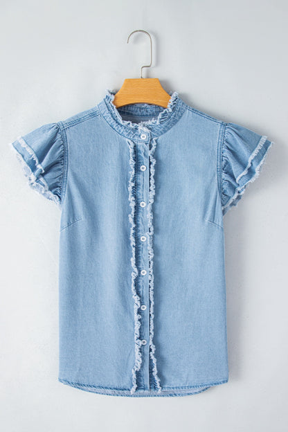 Raw Hem Button Up Denim Top