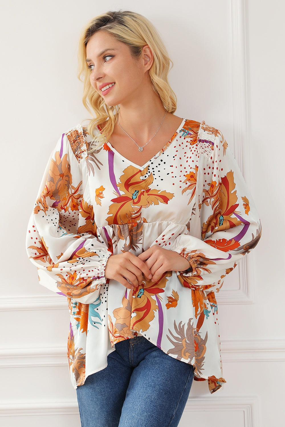 Printed V-Neck Balloon Sleeve Blouse