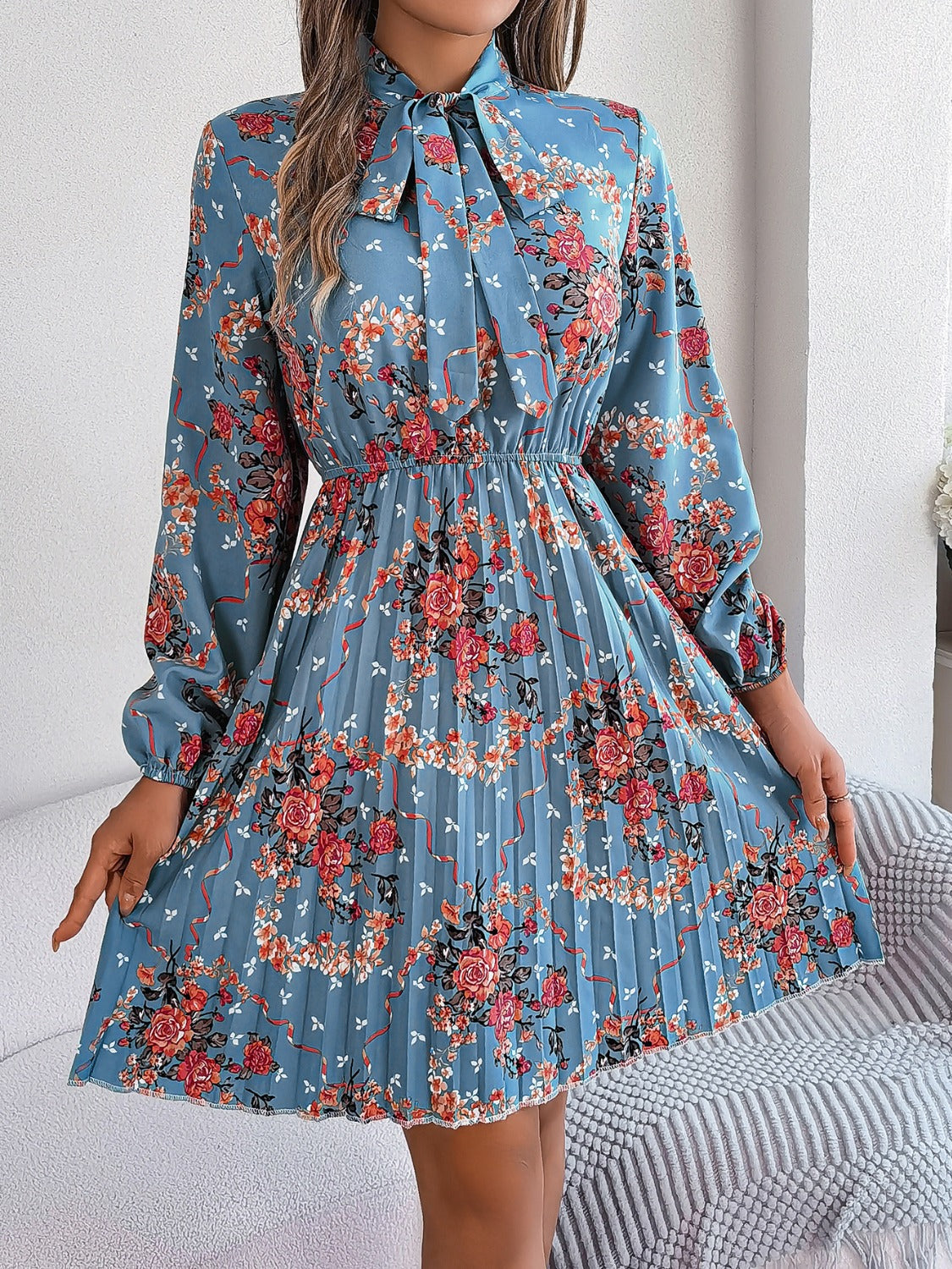 Pleated Printed Tie Neck Long Sleeve Dress