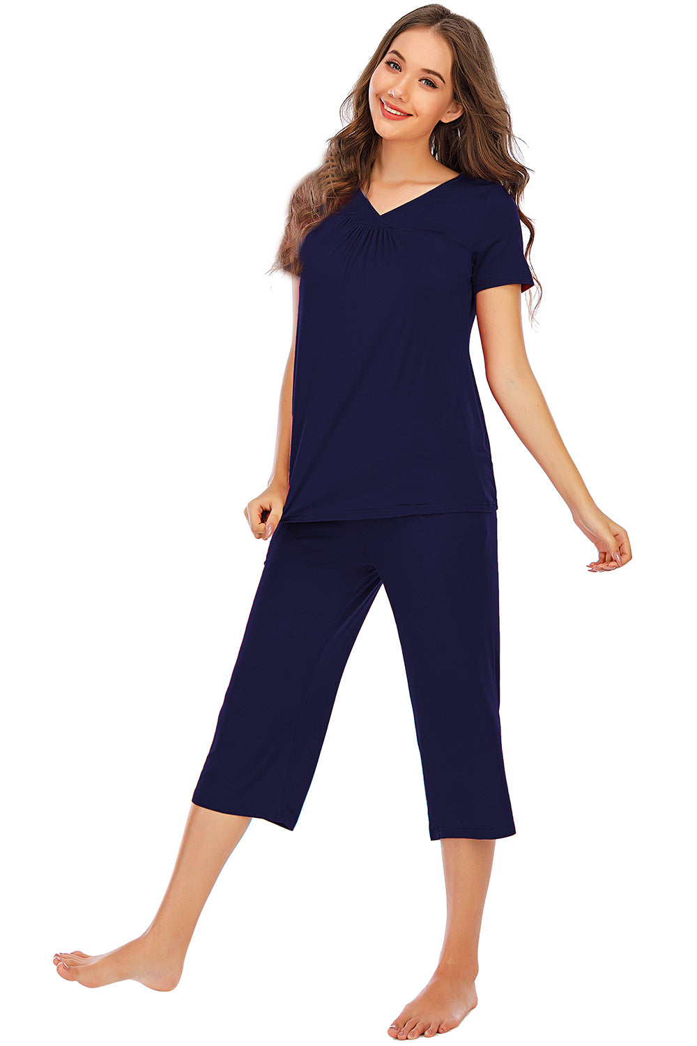 V-Neck Short Sleeve Top and Pants Lounge Set - Elegant Aura Boutique