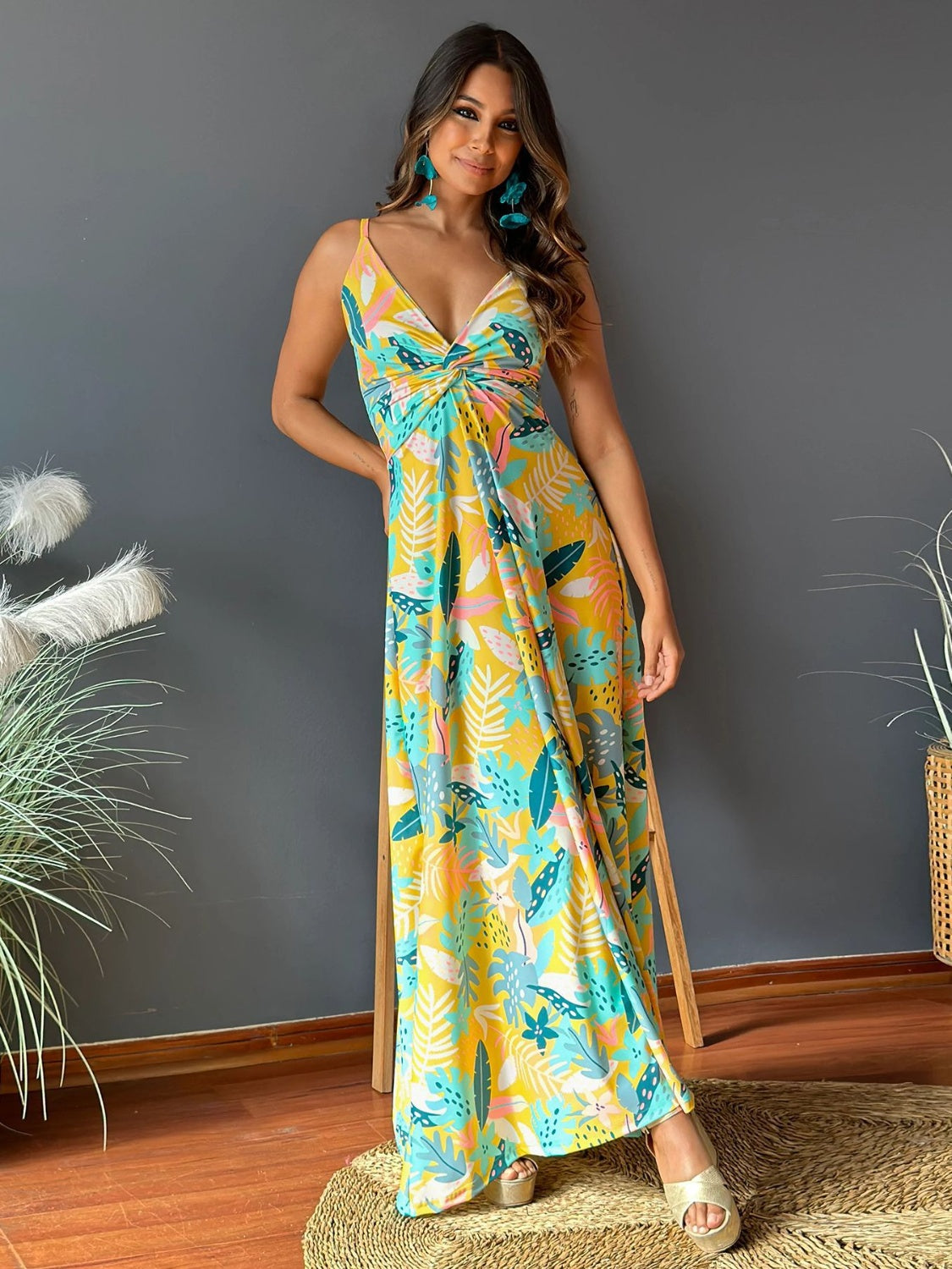 Twisted Printed V-Neck Cami Dress - Elegant Aura Boutique