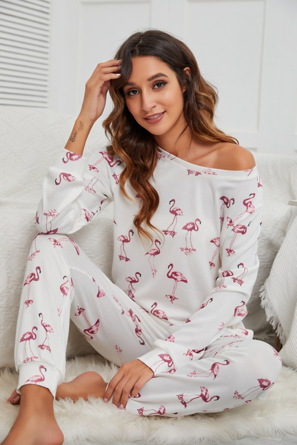 Flamingo Long Sleeve Top and Pants Lounge Set - Elegant Aura Boutique