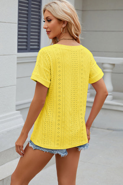 Eyelet V-Neck Short Sleeve Blouse