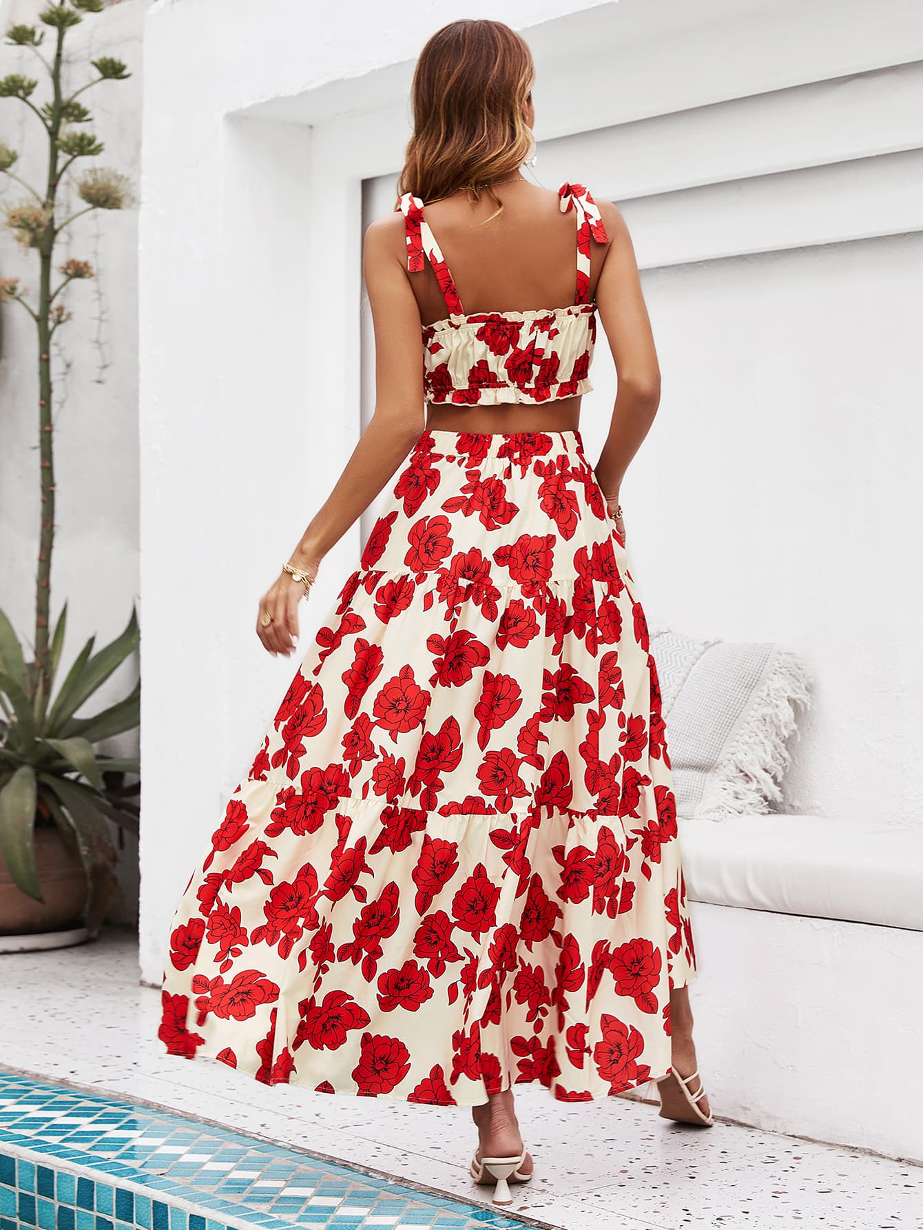 Floral Tie Shoulder Top and Tiered Maxi Skirt Set - Elegant Aura Boutique