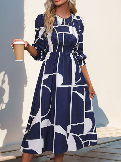 Smocked Color Block Long Sleeve Dress