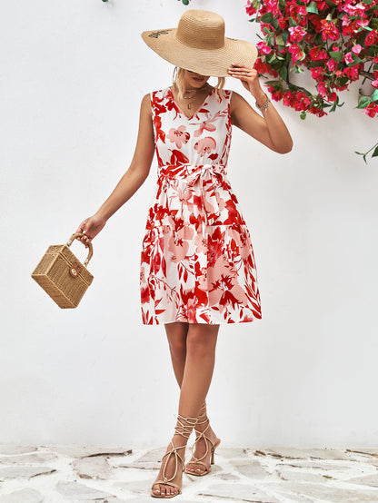 Floral V-Neck Tie Waist Dress