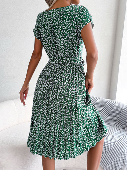 Floral Pleated Belted Dress