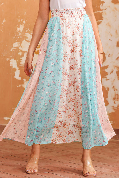 Floral Color Block Smocked Waist Maxi Skirt - Elegant Aura Boutique