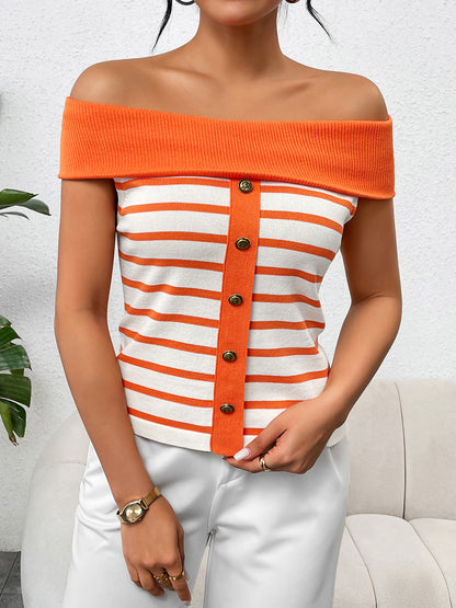 Decorative Striped Off-Shoulder Knit Top