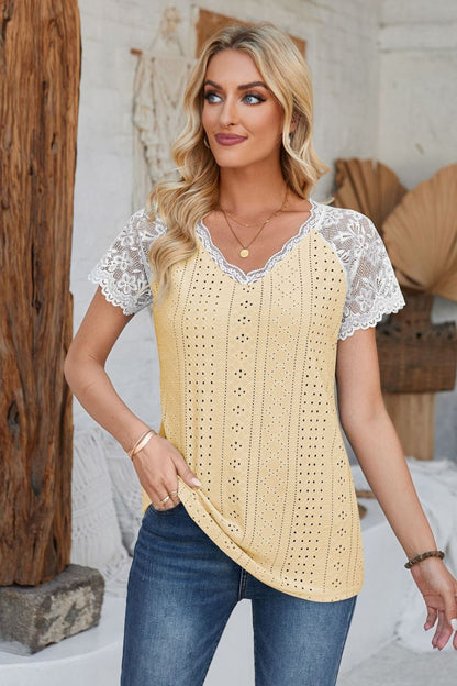 V-Neck Lace Short Sleeve T-Shirt