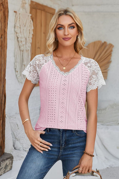 V-Neck Lace Short Sleeve T-Shirt