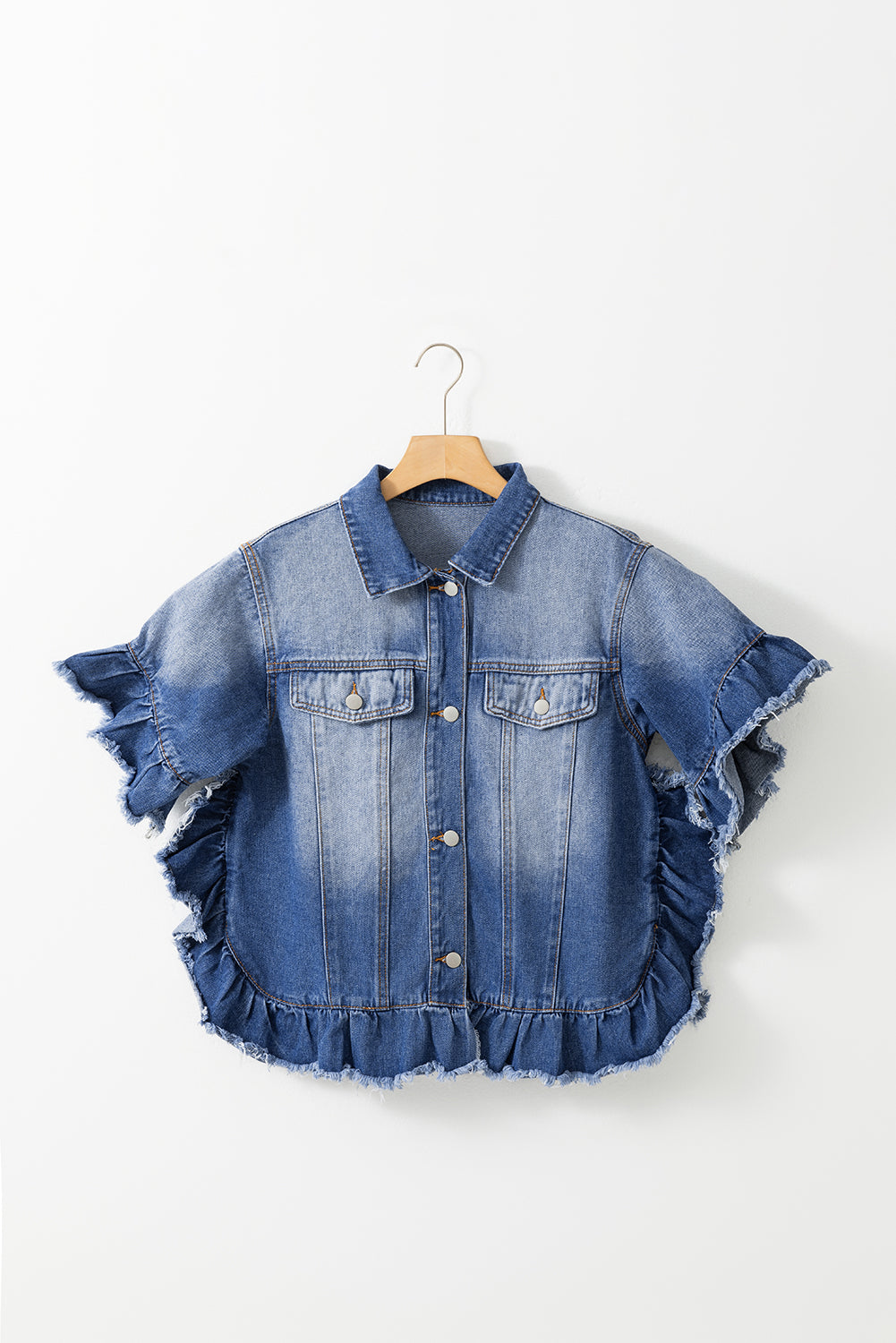 Ruffled Raw Hem Denim Top