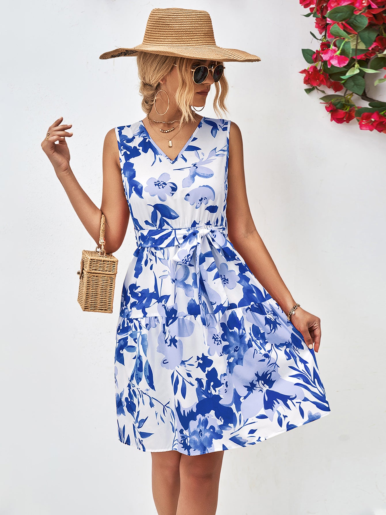 Floral V-Neck Tie Waist Dress