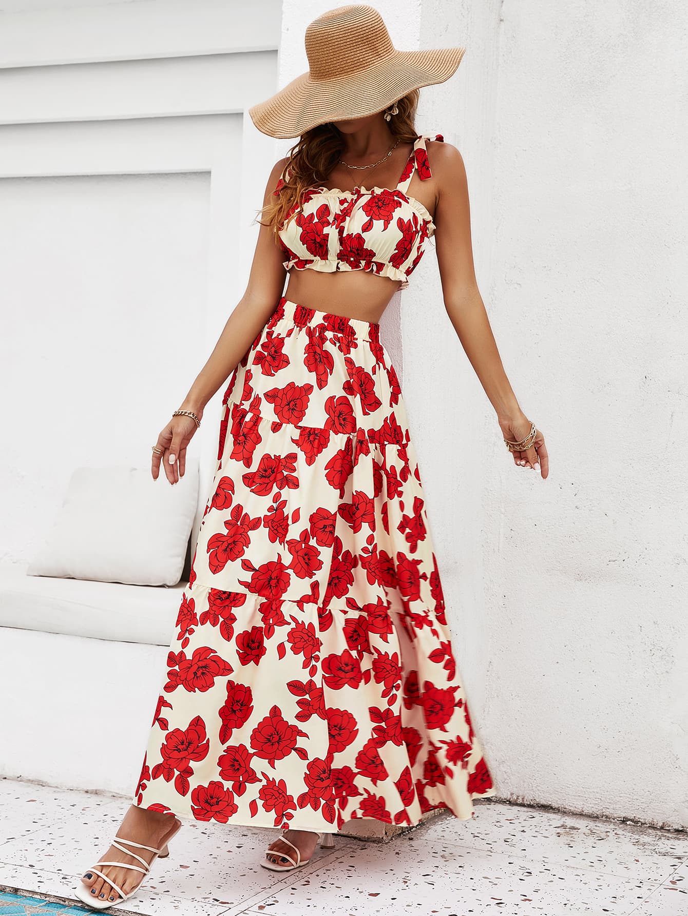 Floral Tie Shoulder Top and Tiered Maxi Skirt Set - Elegant Aura Boutique