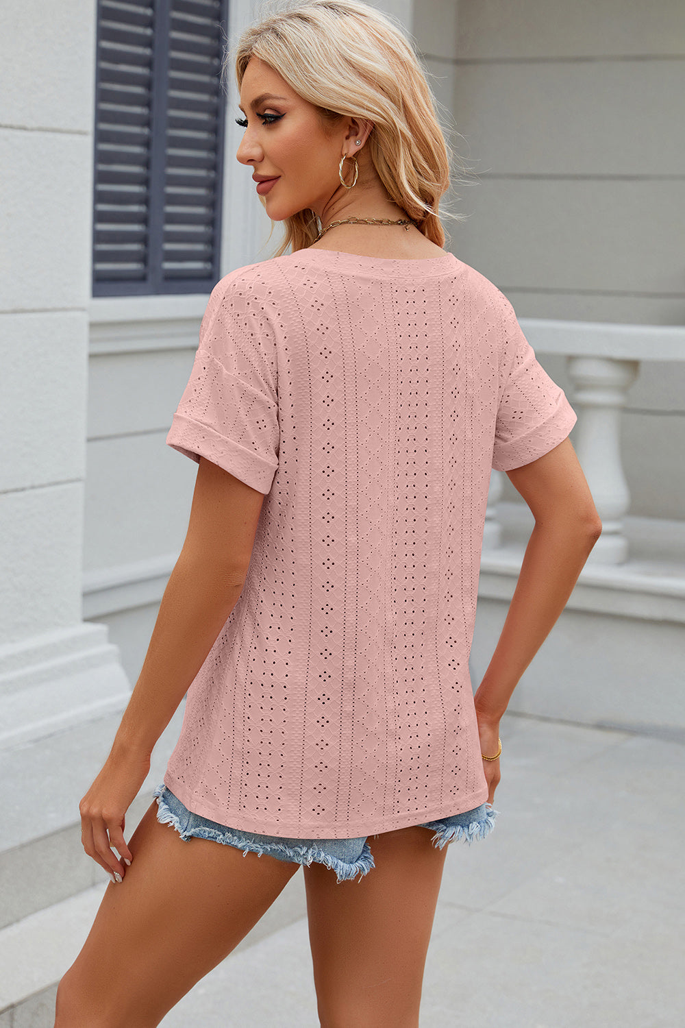 Eyelet V-Neck Short Sleeve Blouse