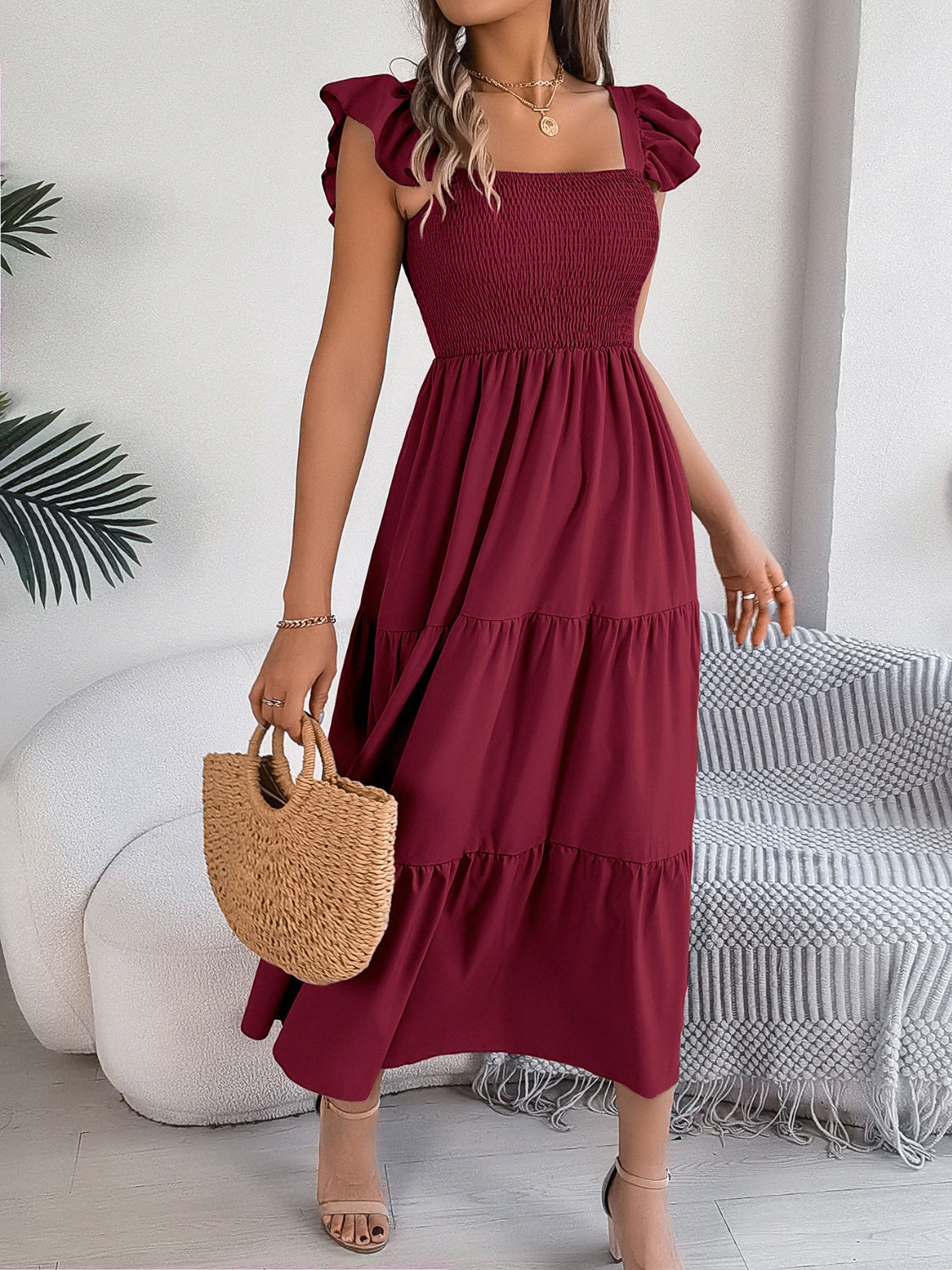 Smocked Square Neck Cap Sleeve Midi Dress - Elegant Aura Boutique