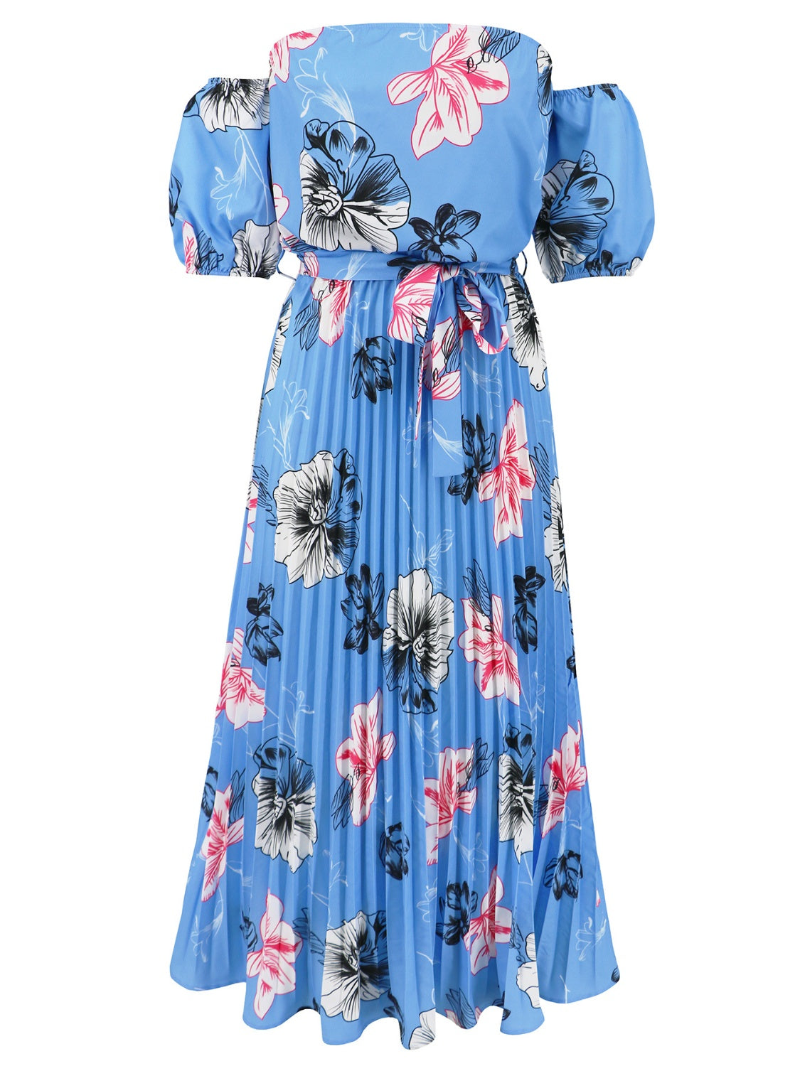 Pleated Floral Off-Shoulder Short Sleeve Midi Dress - Elegant Aura Boutique