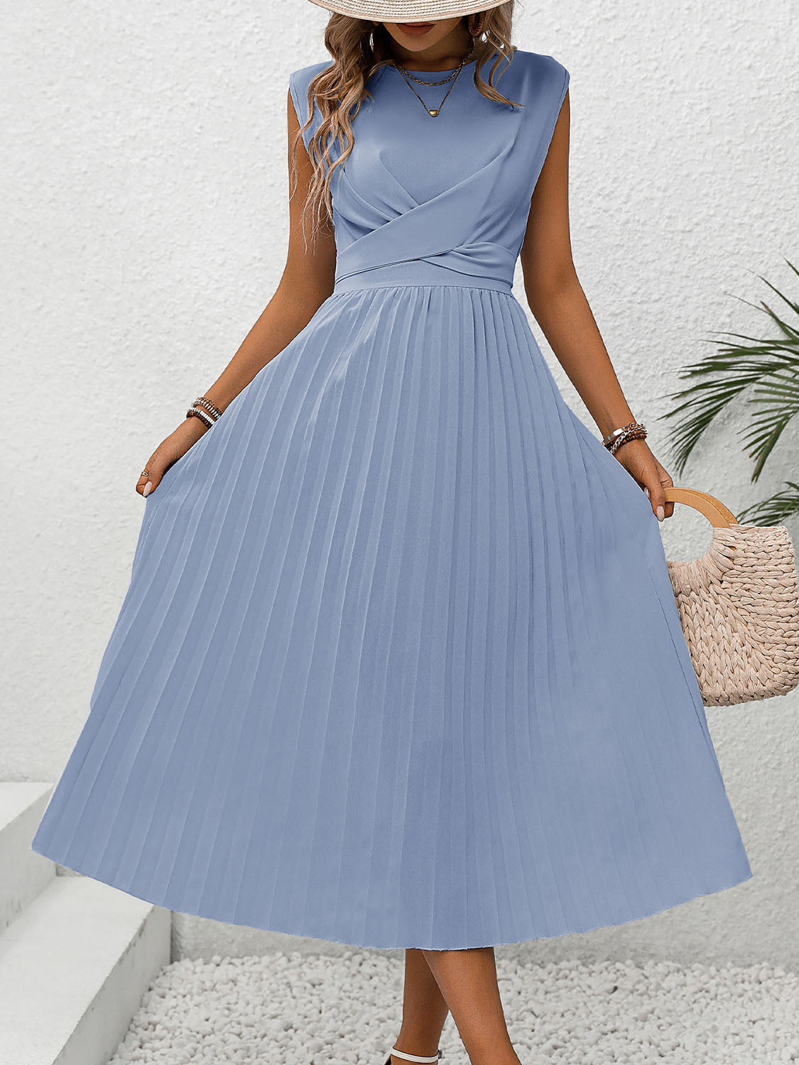 Pleated Round Neck Cap Sleeve Dress - Elegant Aura Boutique