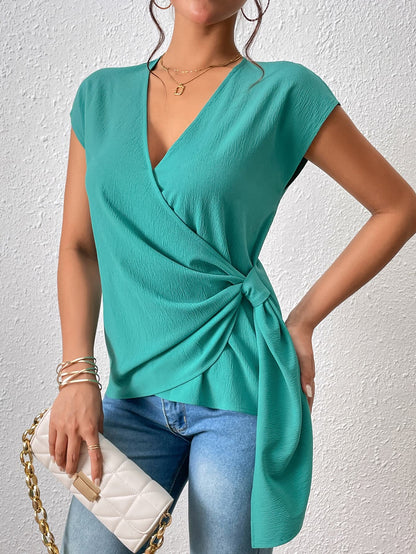 Tied Surplice Short Sleeve Blouse