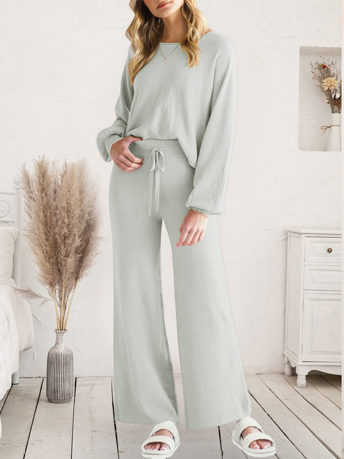 Long Sleeve Lounge Top with Drawstring Pants Set