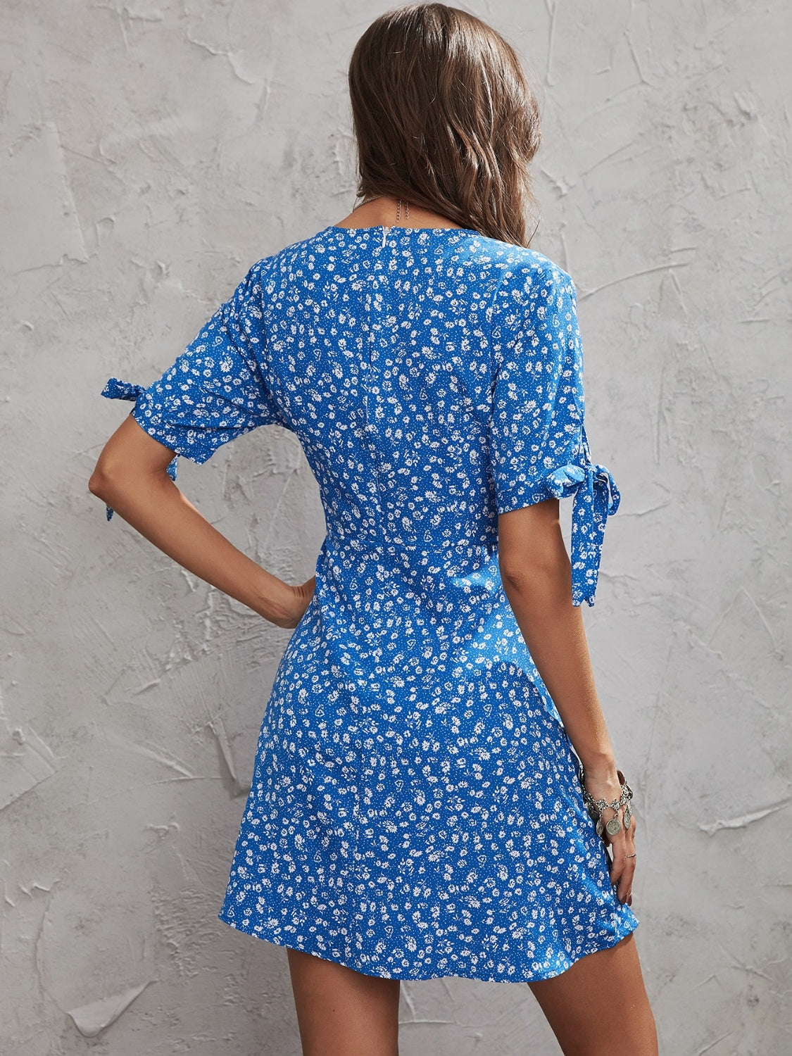 Printed Surplice Short Sleeve Mini Dress