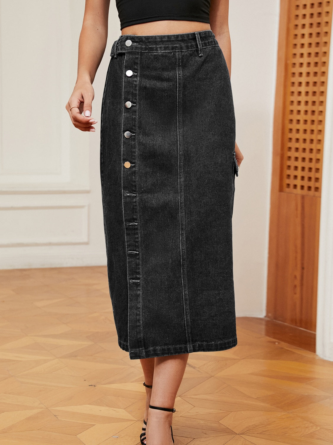 Button Down Midi Denim Skirt - Elegant Aura Boutique