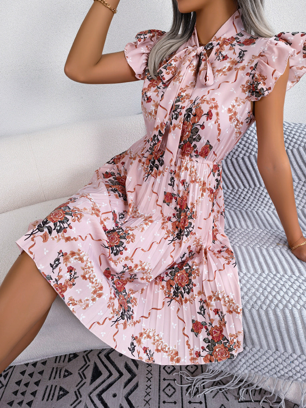 Pleated Floral Printed Dress