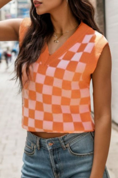 Checkered V-Neck Sweater