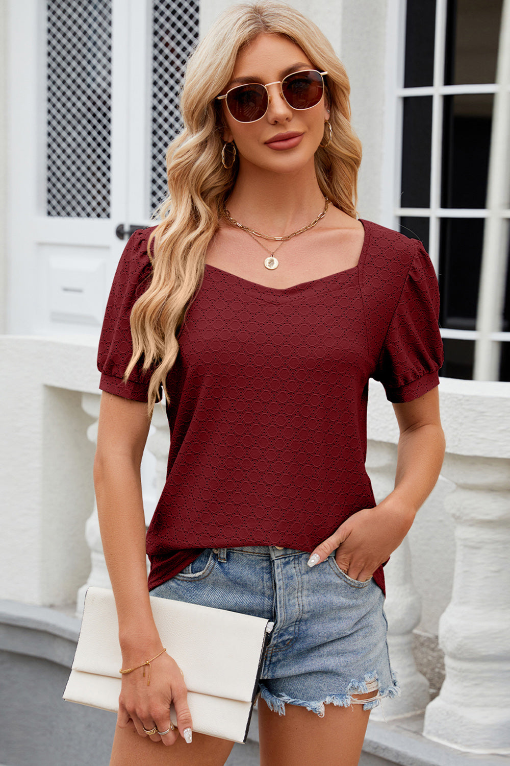 Eyelet Short Sleeve Blouse