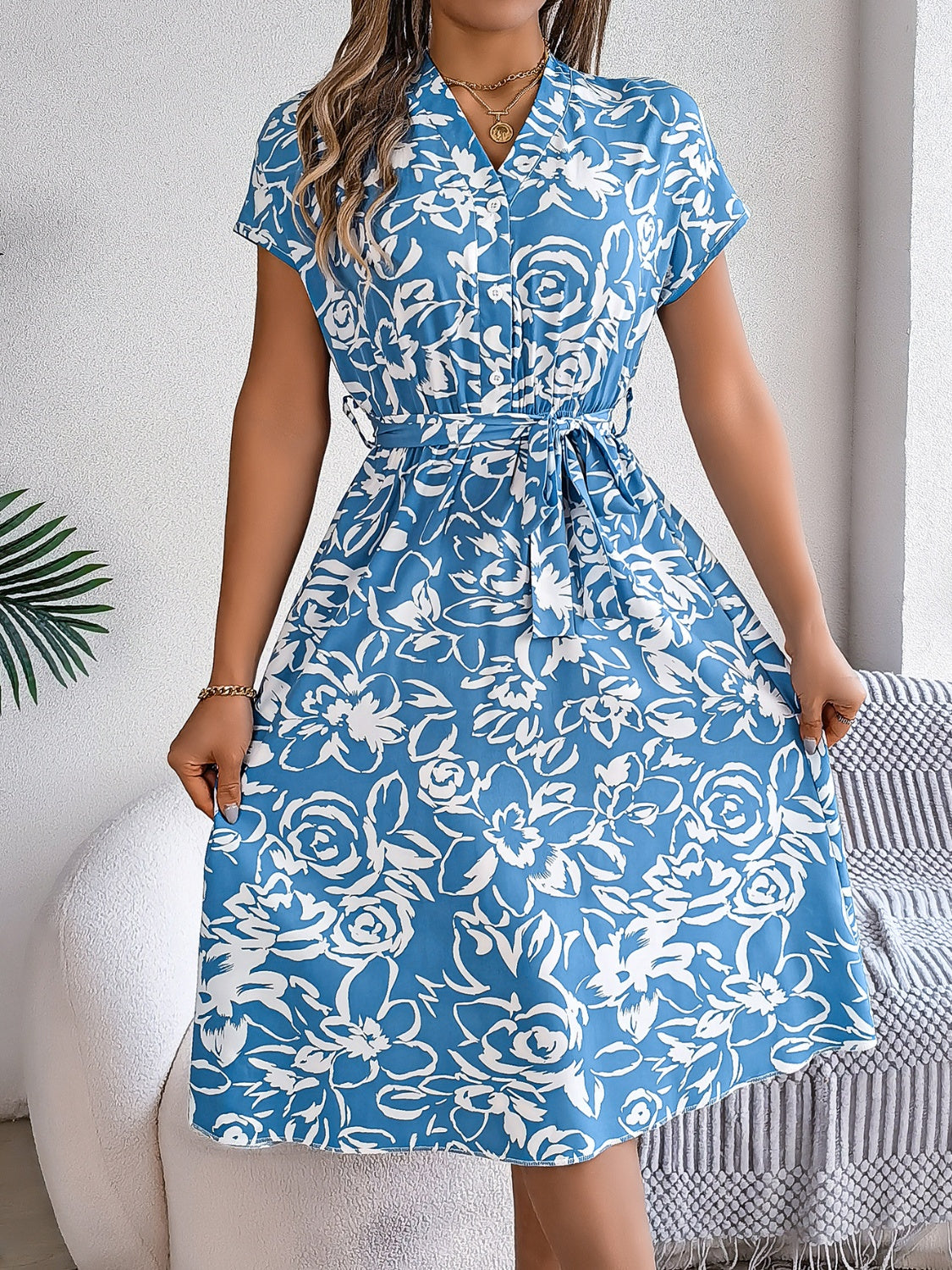 Printed V-Neck Short Sleeve Dress - Elegant Aura Boutique