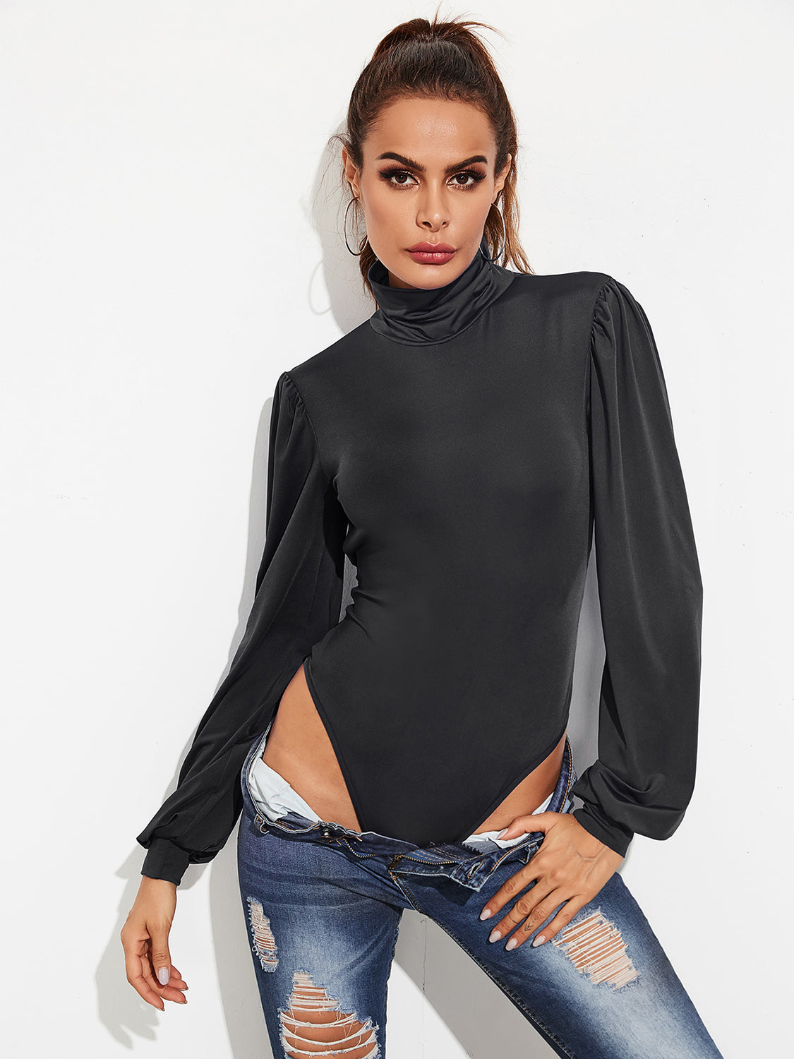 Backless Tie-Waist Turtleneck Bodysuit