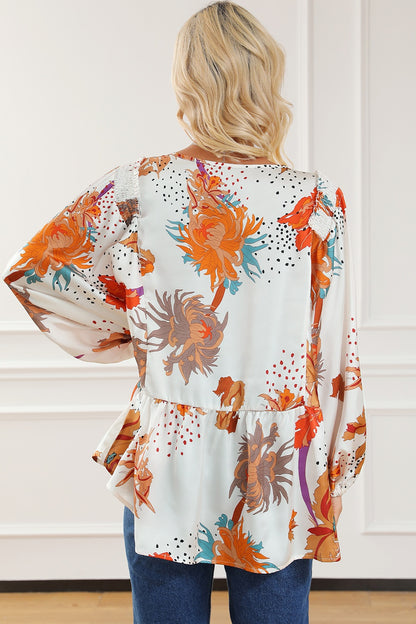 Printed V-Neck Balloon Sleeve Blouse