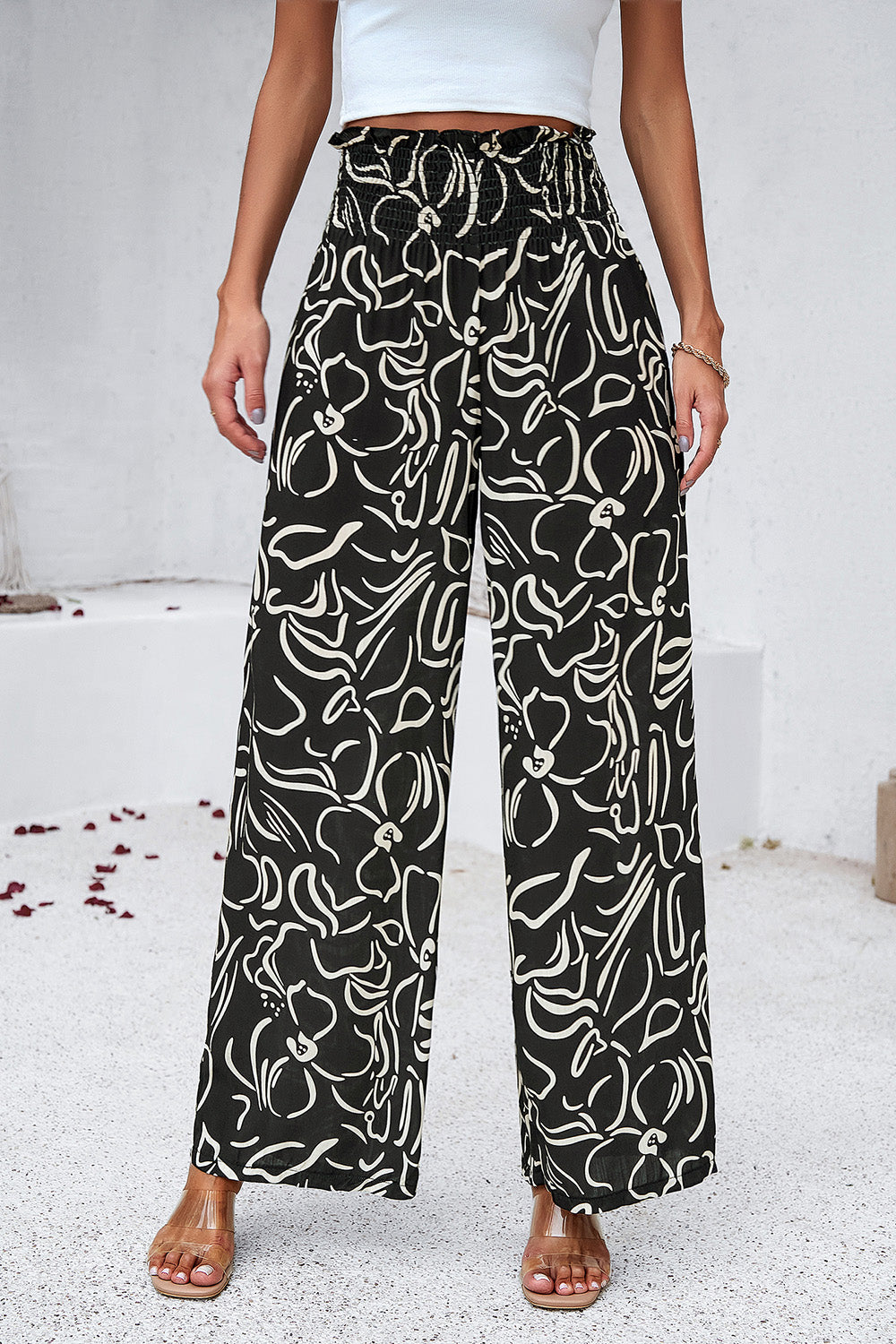 Asymetrical Printed Wide Leg Pants with Pockets - Elegant Aura Boutique