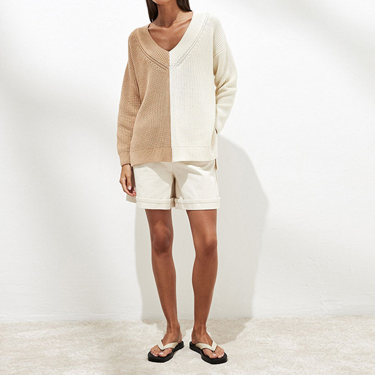 Contrast V-Neck Drop Shoulder Sweater