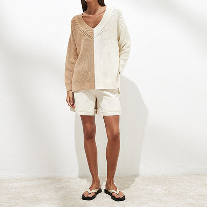 Contrast V-Neck Drop Shoulder Sweater