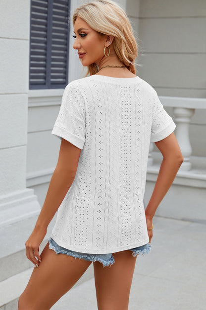 Eyelet V-Neck Short Sleeve Blouse