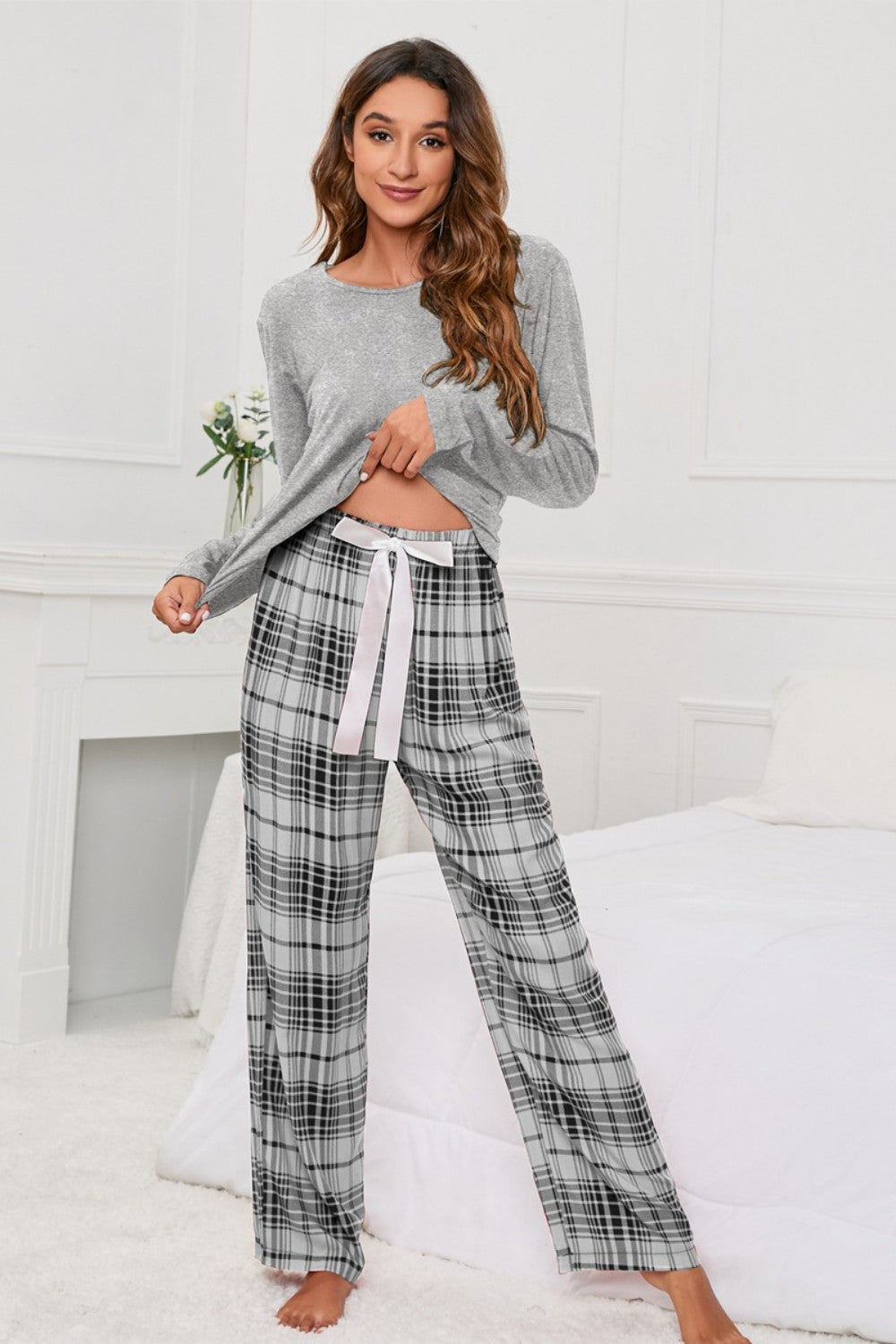 Long Sleeve Top and Bow Plaid Pants Lounge Set