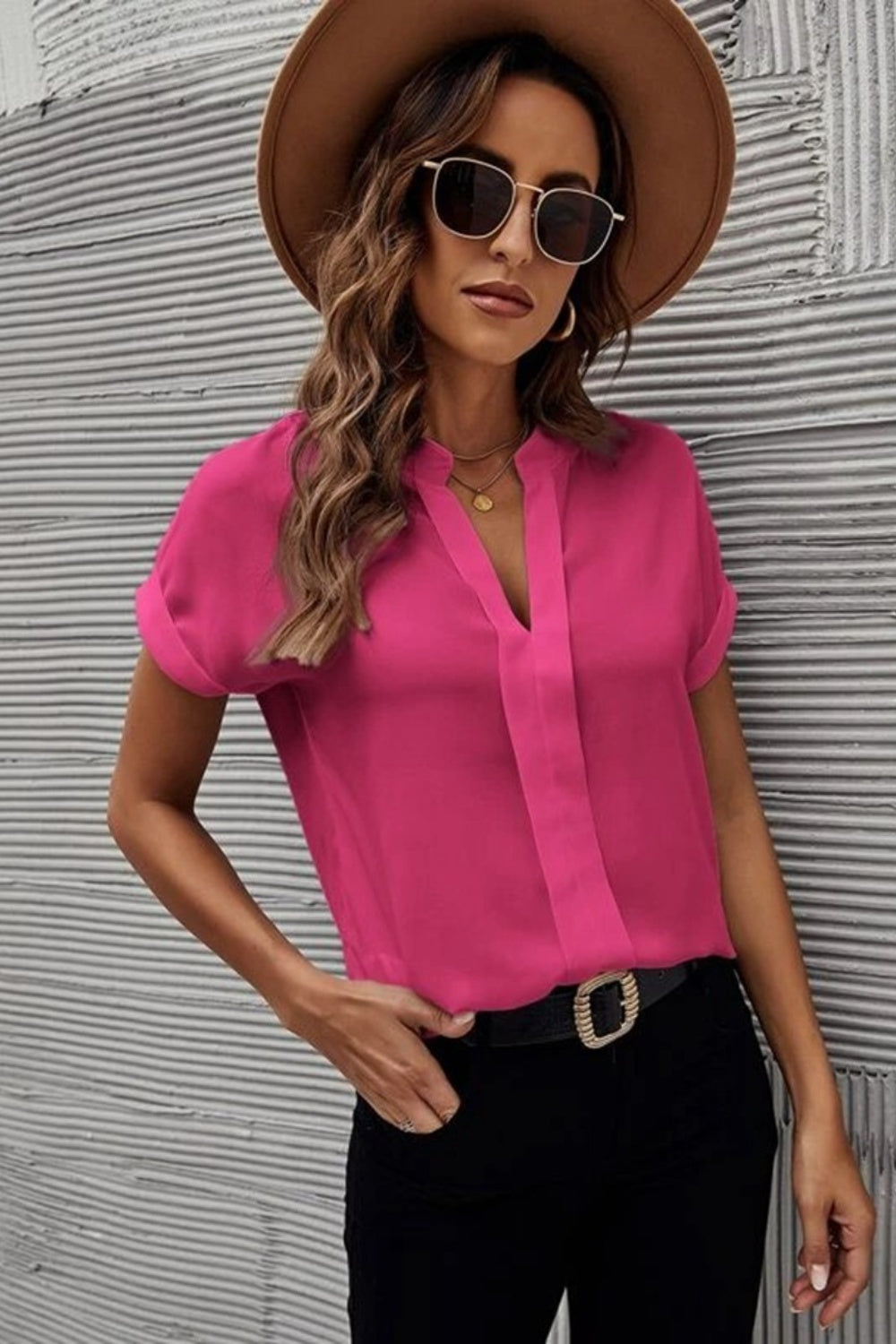 Elegant Notched Short Sleeve Blouse