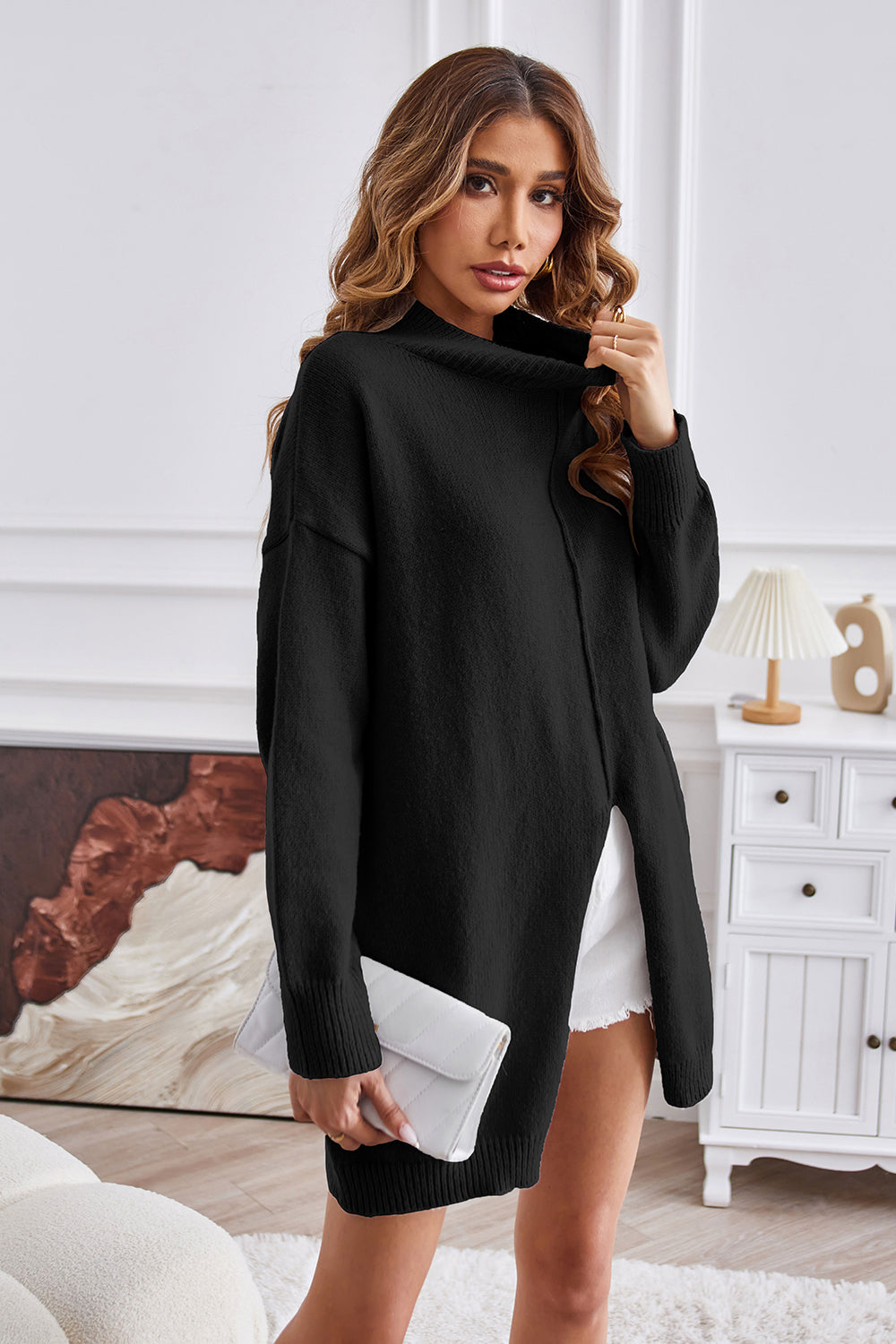 Mock Neck Slit Sweater