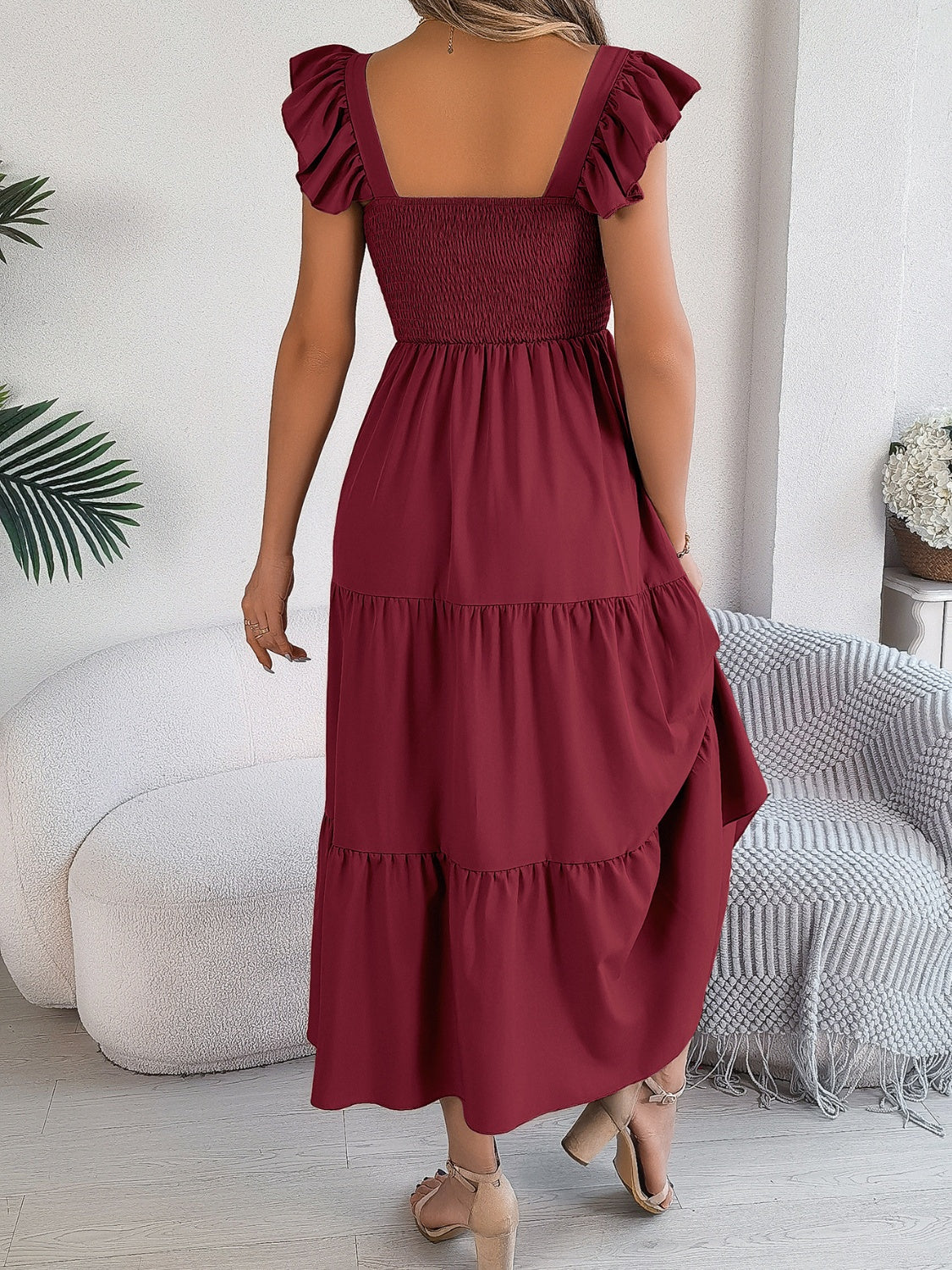 Smocked Square Neck Cap Sleeve Midi Dress - Elegant Aura Boutique