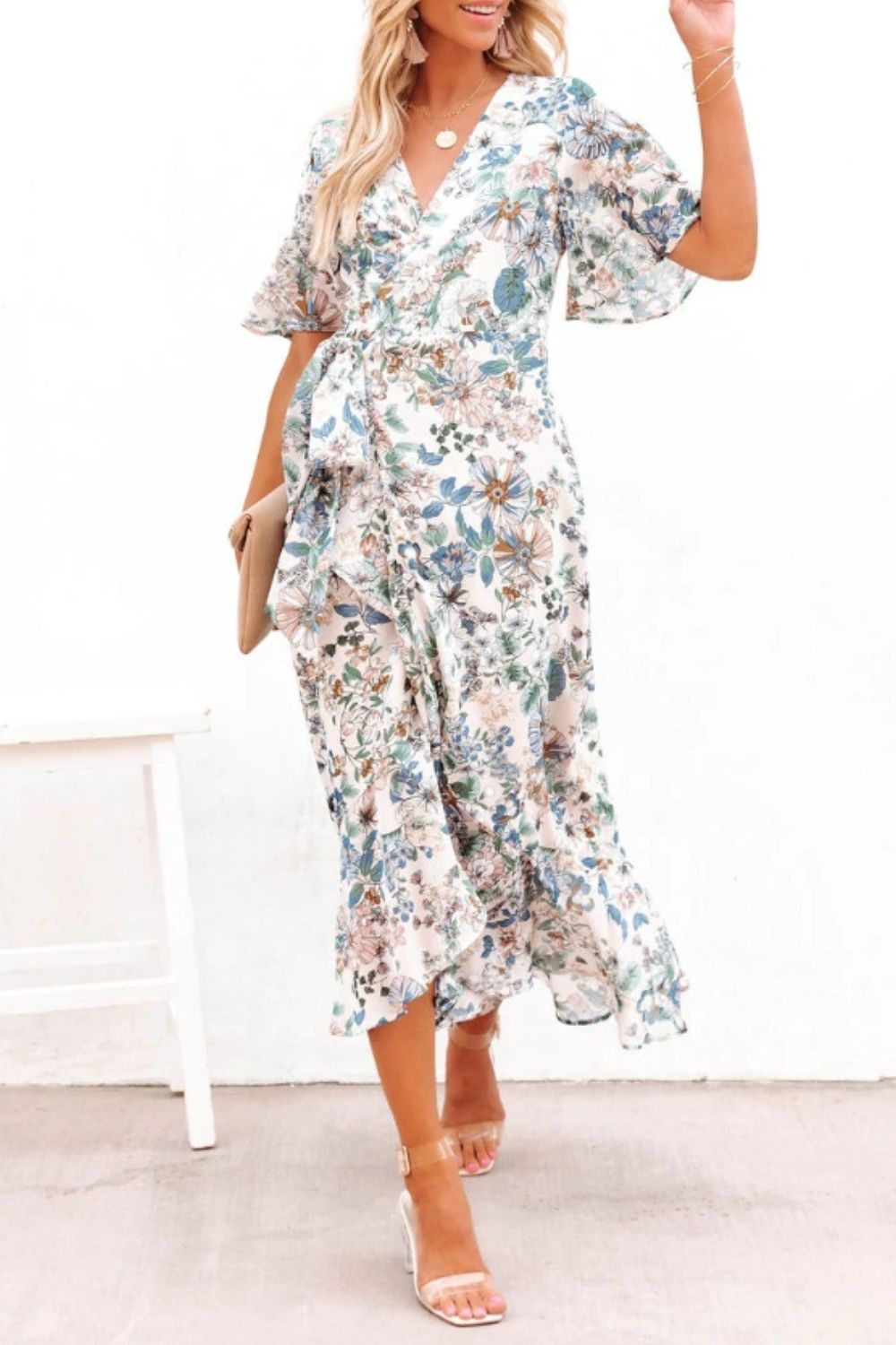 Printed Surplice Flutter Sleeve Midi Dress