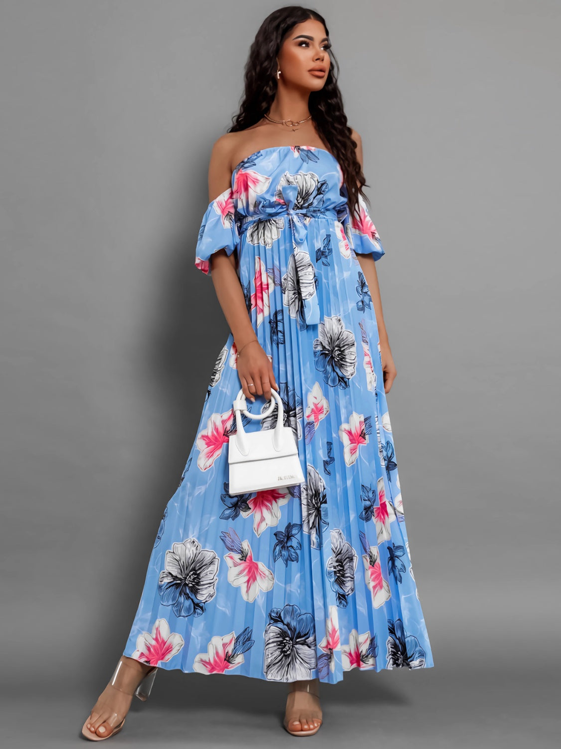 Pleated Floral Off-Shoulder Short Sleeve Midi Dress - Elegant Aura Boutique