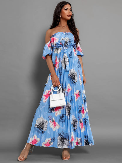 Pleated Floral Off-Shoulder Short Sleeve Midi Dress - Elegant Aura Boutique