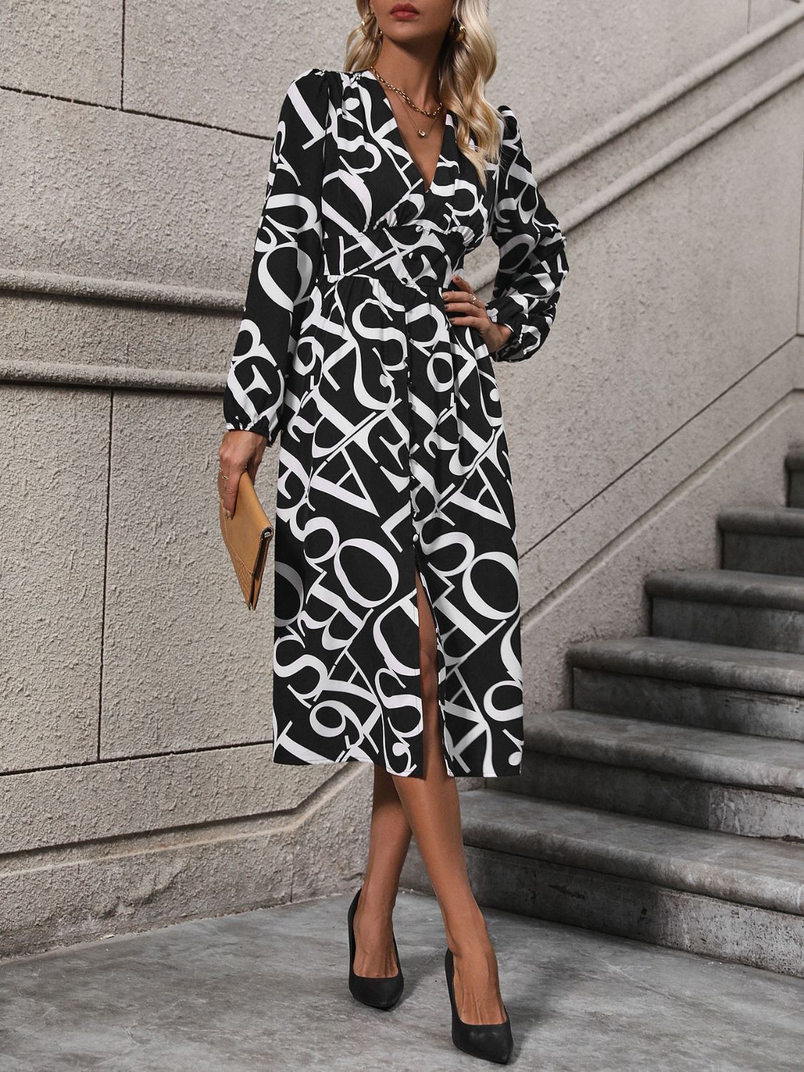 V-Neck Long Sleeve Midi Dress