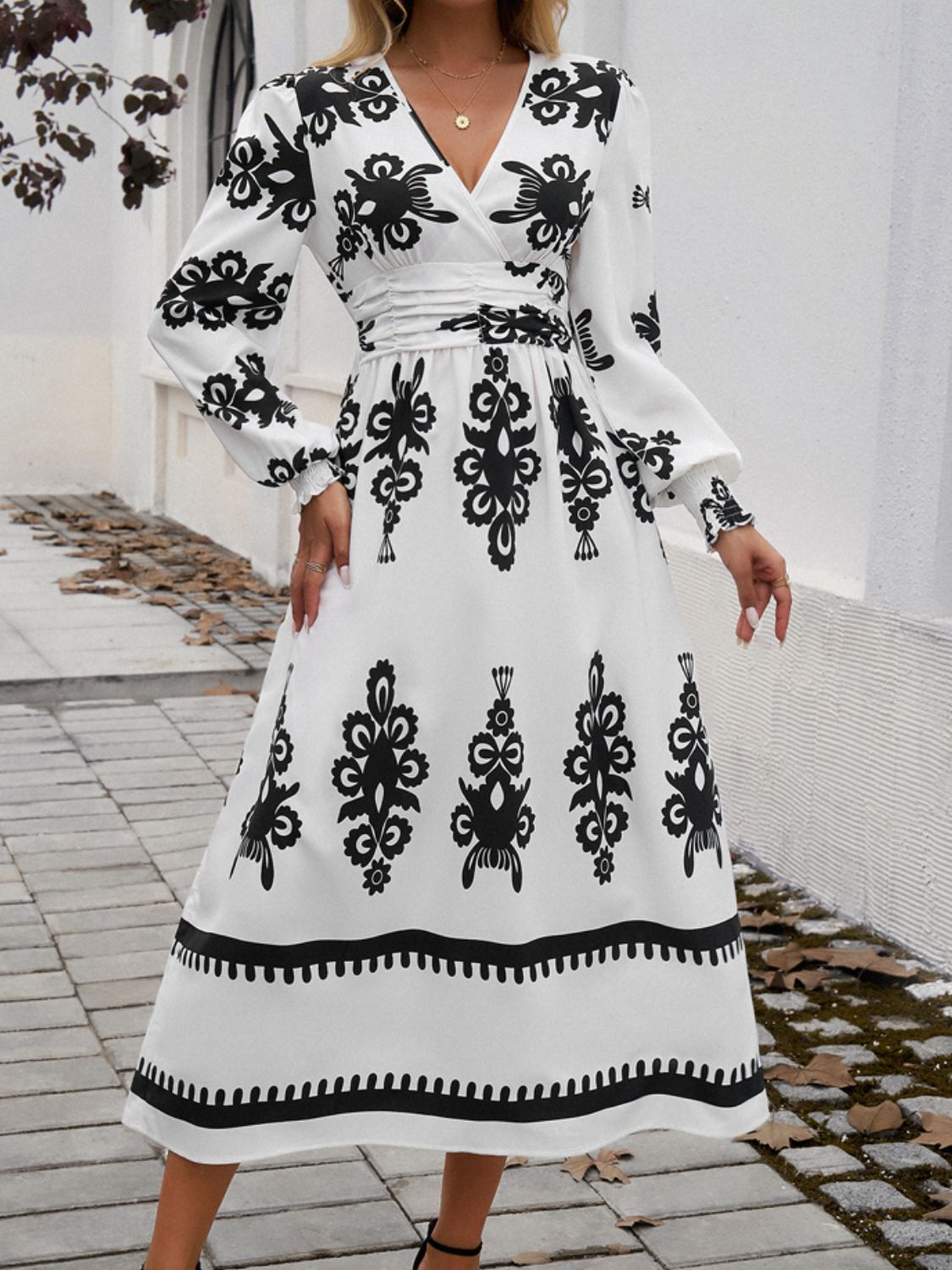 Printed Lantern Sleeve Midi Dress