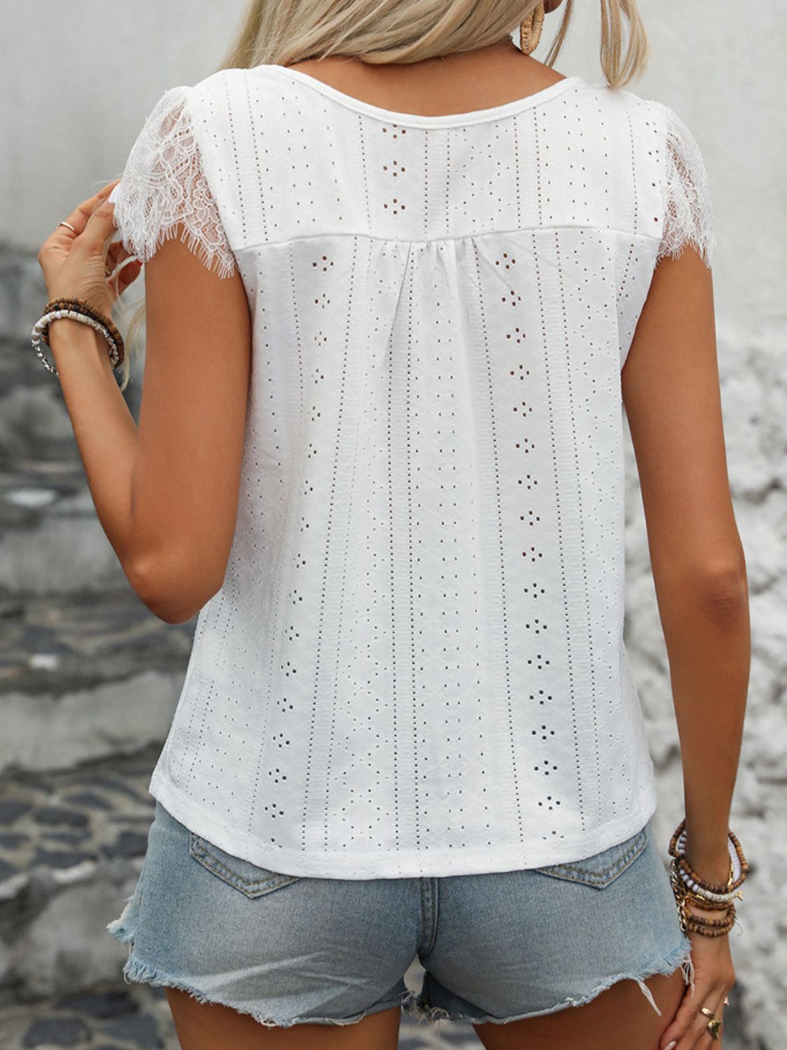 Eyelet Lace Detail V-Neck Top