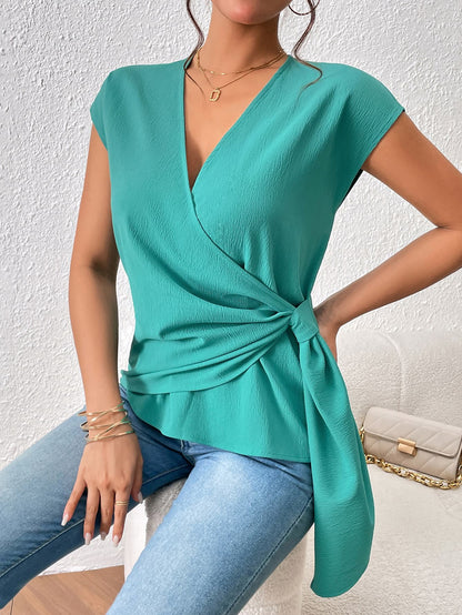 Tied Surplice Short Sleeve Blouse