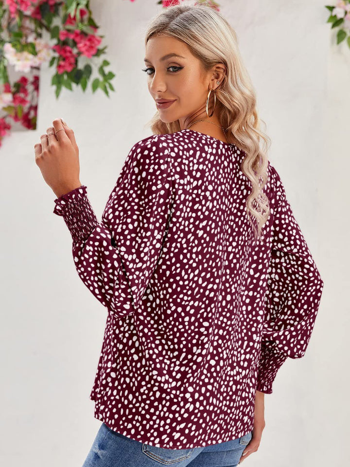 Stylish Printed V-Neck Lantern Sleeve Blouse