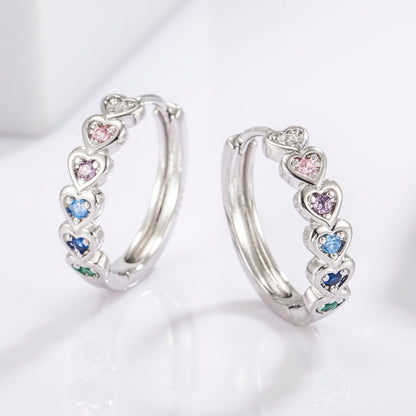 Sterling Silver Inlaid Zircon Heart Huggie Earrings