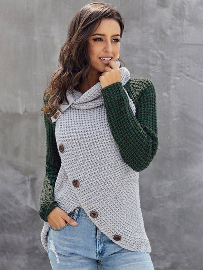 Contrast Button Turtleneck Sweater